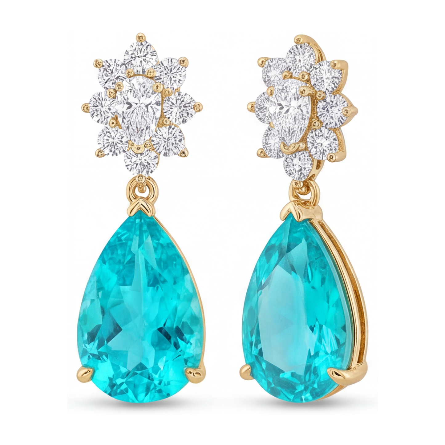 Paraiba-Turmalin-Ohrringe 5 Karat im Labor gezüchtet Tropfen-Cluster mit Klappbrisur 14 Karat Gelbgold