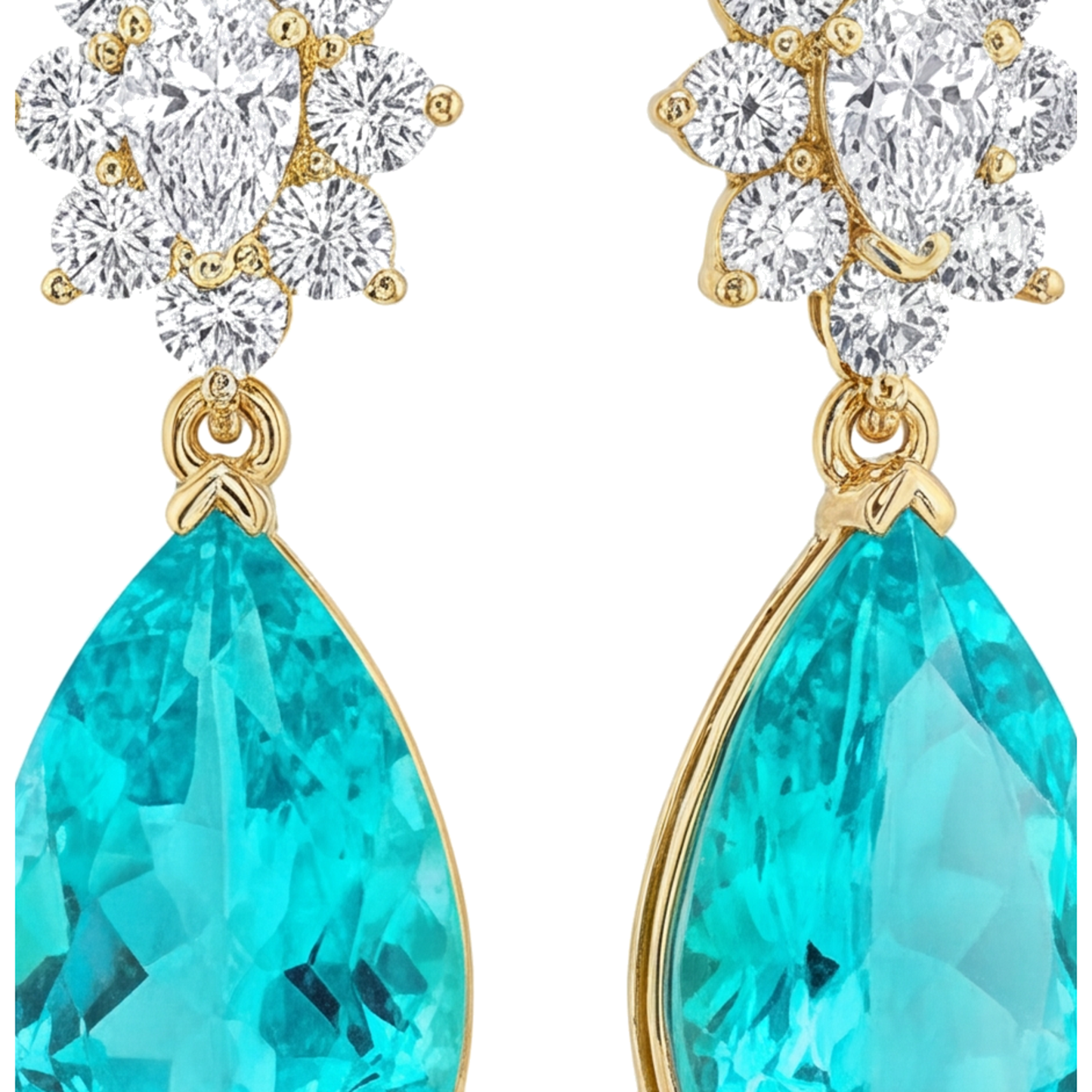Paraiba-Turmalin-Ohrringe 5 Karat im Labor gezüchtet Tropfen-Cluster mit Klappbrisur 14 Karat Gelbgold