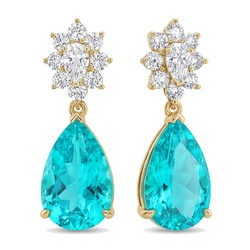 Paraiba-Turmalin-Ohrringe 5 Karat im Labor gezüchtet Tropfen-Cluster mit Klappbrisur 14 Karat Gelbgold
