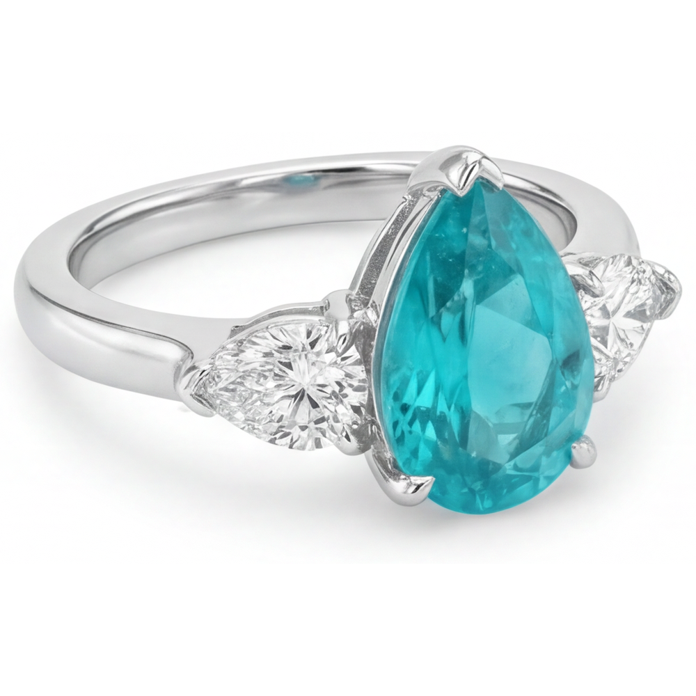 Paraiba-Turmalin Birnen-Schliff Drei-Stein-Ring in 14K Weißgold – Profilansicht