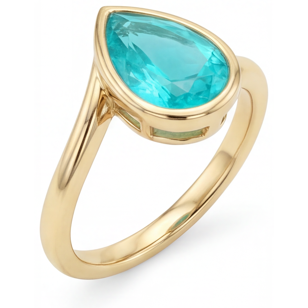 Paraiba-Turmalin Tropfen-Schliff Farbstein-Ring in 14 Karat Gelbgold – Frontansicht