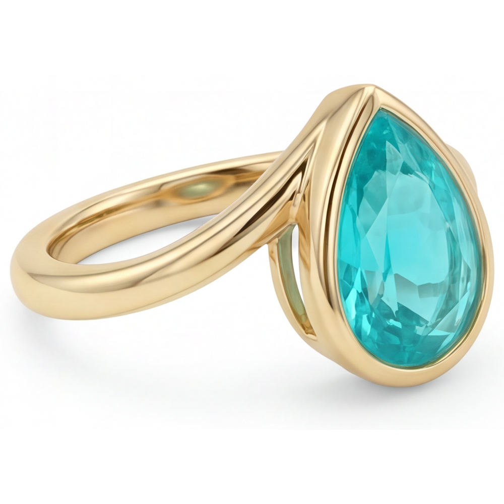 Tropfen-Schliff Paraiba-Turmalin Ring in 14 Karat Gelbgold – Profilansicht