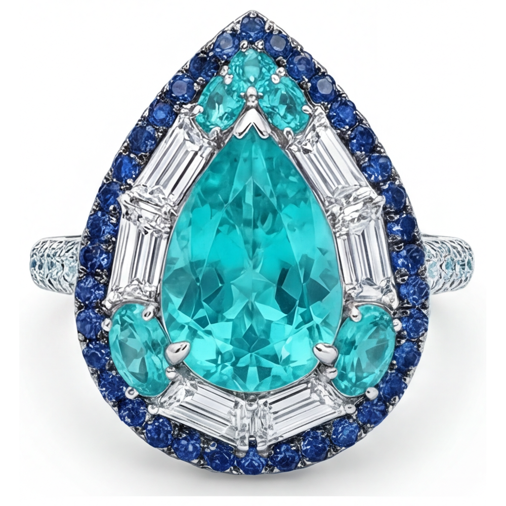 Farbstein-Ring 14K Weißgold mit Paraiba-Turmalin – Frontansicht