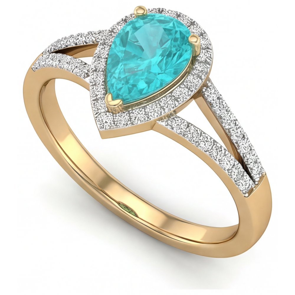 Paraiba-Turmalin Birnen-Schliff Halo-Fassung Ring in Bicolor 14K Gold – Schrägansicht