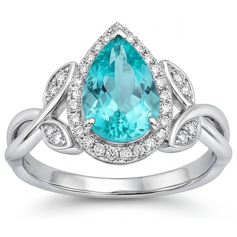 Authentischer Paraiba-Turmalin Halo-Verlobungsring 3,25 Karat 14K Weißgold – Frontansicht