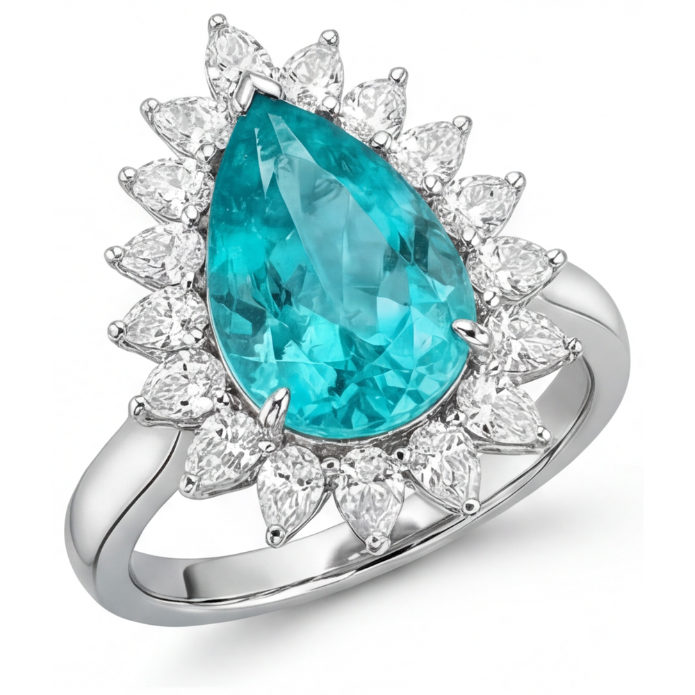 Paraiba-Turmalin Tropfen-Schliff Halo-Verlobungsring in 14K Weißgold – Schrägansicht