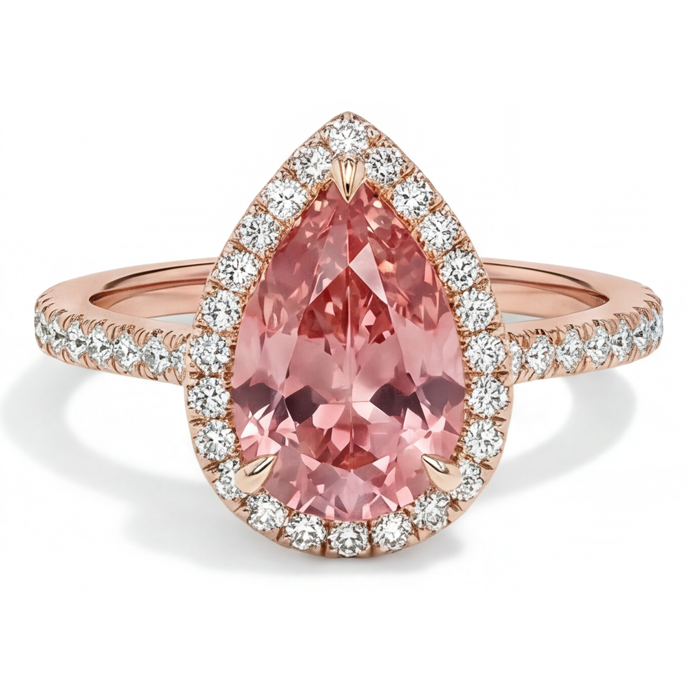 Verlobungsring mit pfirsichfarbenem Saphir, 2,8 Karat, echter Padparadscha im Tropfenschliff, Halo, Pavé, 14 Karat Roségold