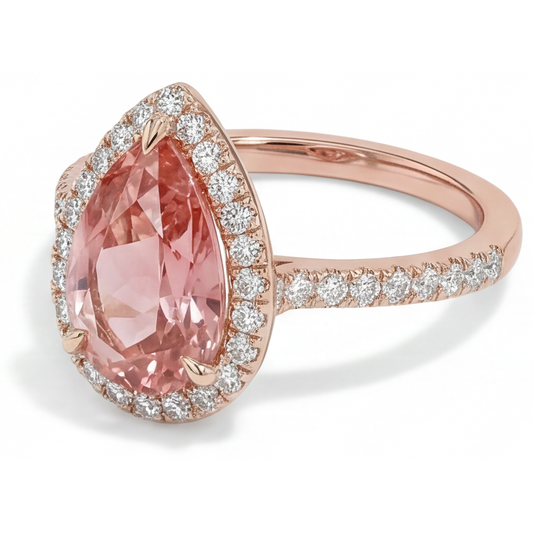 Pfirsich-Saphir-Ring 2,8 Karat Echter Padparadscha Tropfenschliff Halo Pavé 14 Karat Roségold