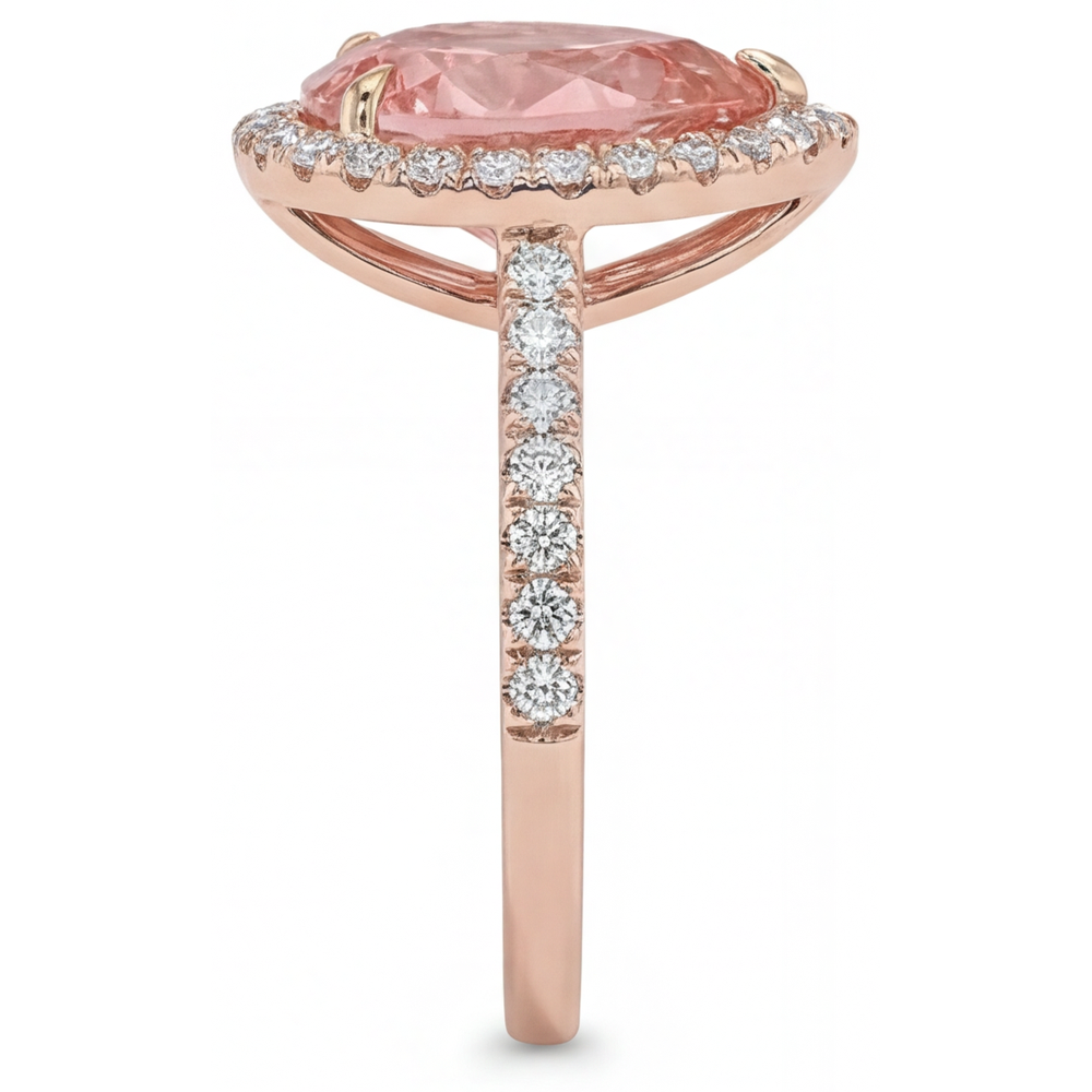 Verlobungsring mit pfirsichfarbenem Saphir, 2,8 Karat, echter Padparadscha im Tropfenschliff, Halo, Pavé, 14 Karat Roségold