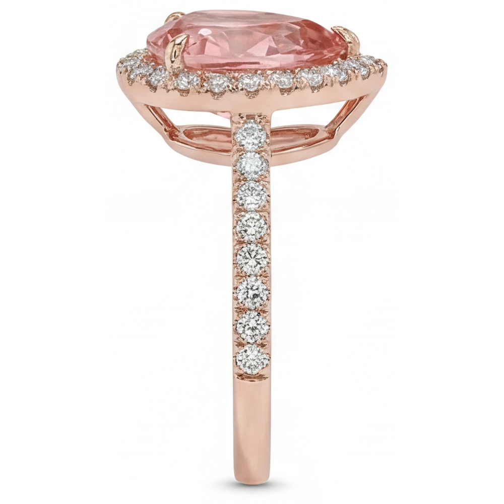 Pfirsich-Saphir-Ring 2,8 Karat Echter Padparadscha Tropfenschliff Halo Pavé 14 Karat Roségold