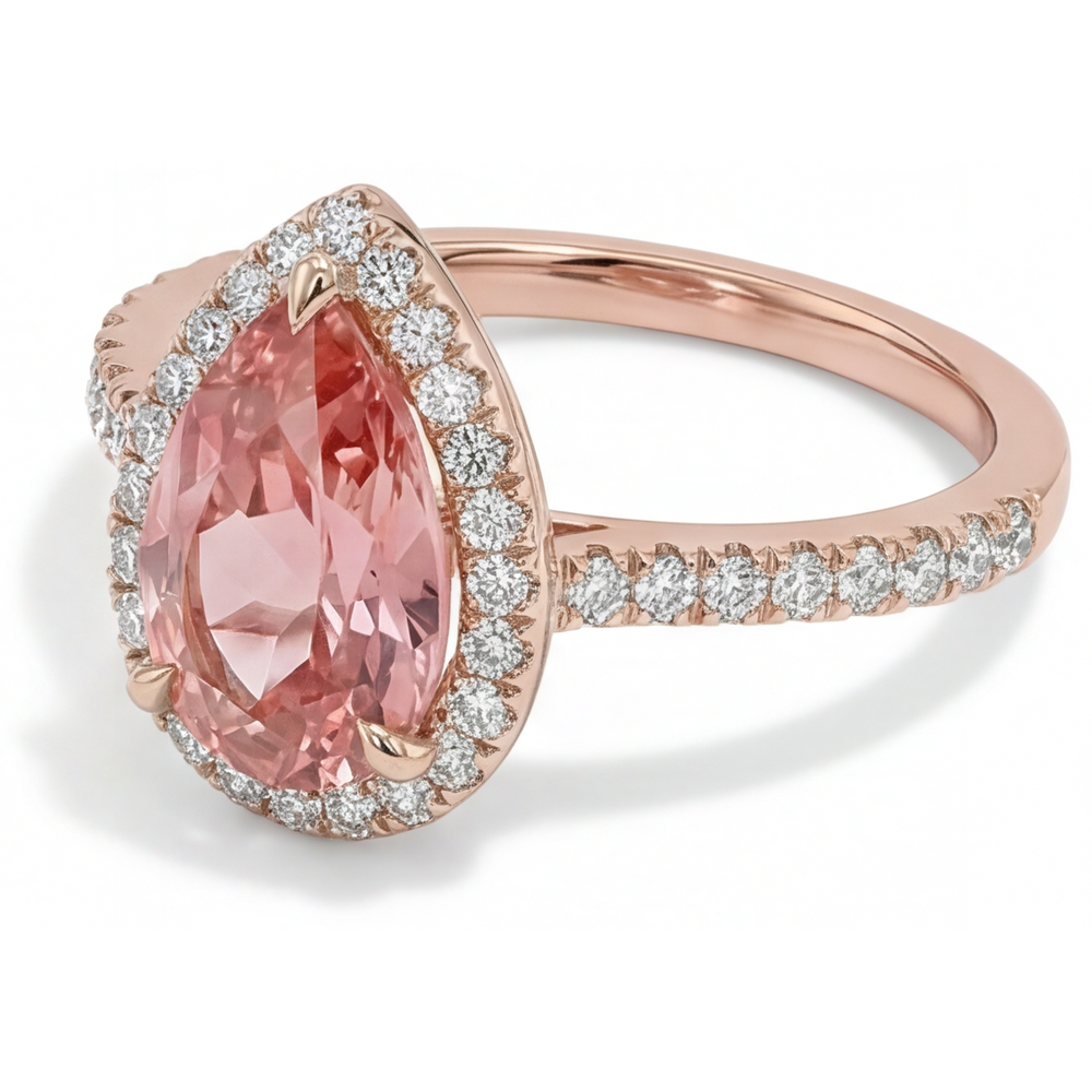 Verlobungsring mit pfirsichfarbenem Saphir, 2,8 Karat, echter Padparadscha im Tropfenschliff, Halo, Pavé, 14 Karat Roségold