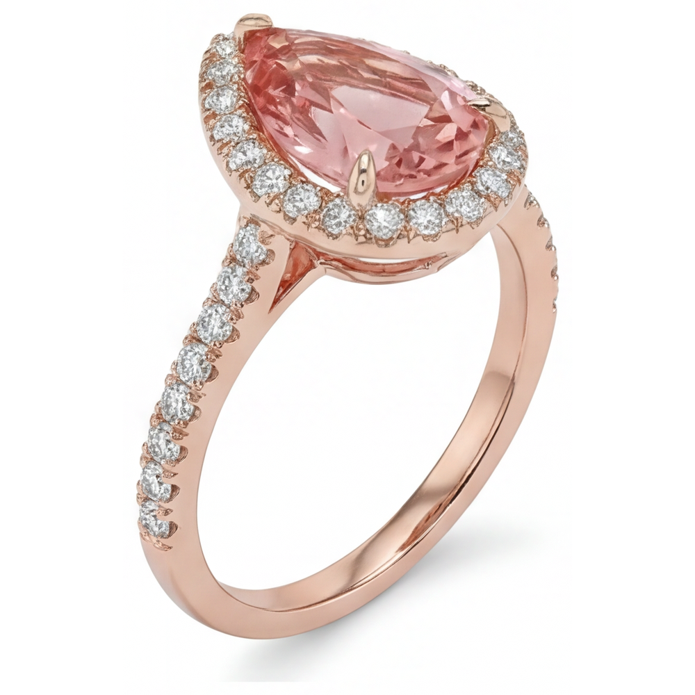 Pfirsich-Saphir-Ring 2,8 Karat Echter Padparadscha Tropfenschliff Halo Pavé 14 Karat Roségold