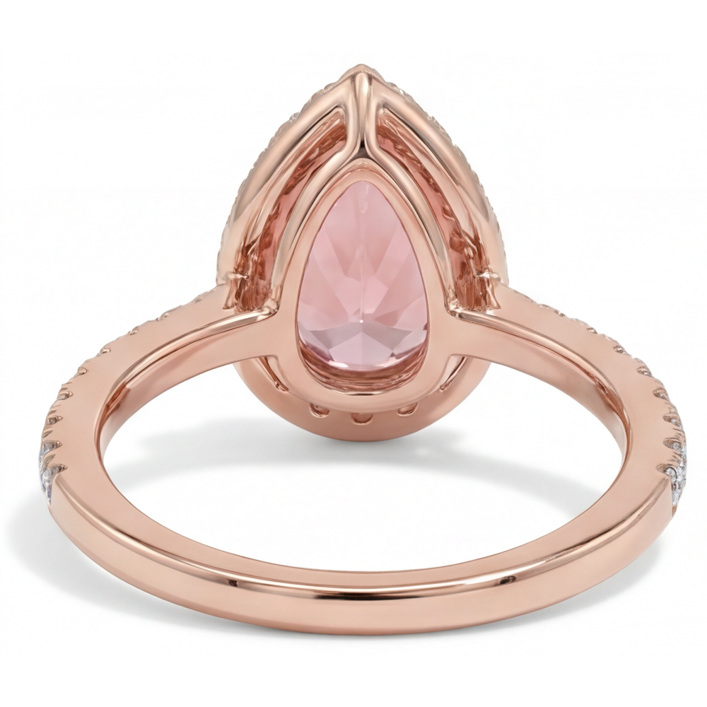 Verlobungsring mit pfirsichfarbenem Saphir, 2,8 Karat, echter Padparadscha im Tropfenschliff, Halo, Pavé, 14 Karat Roségold