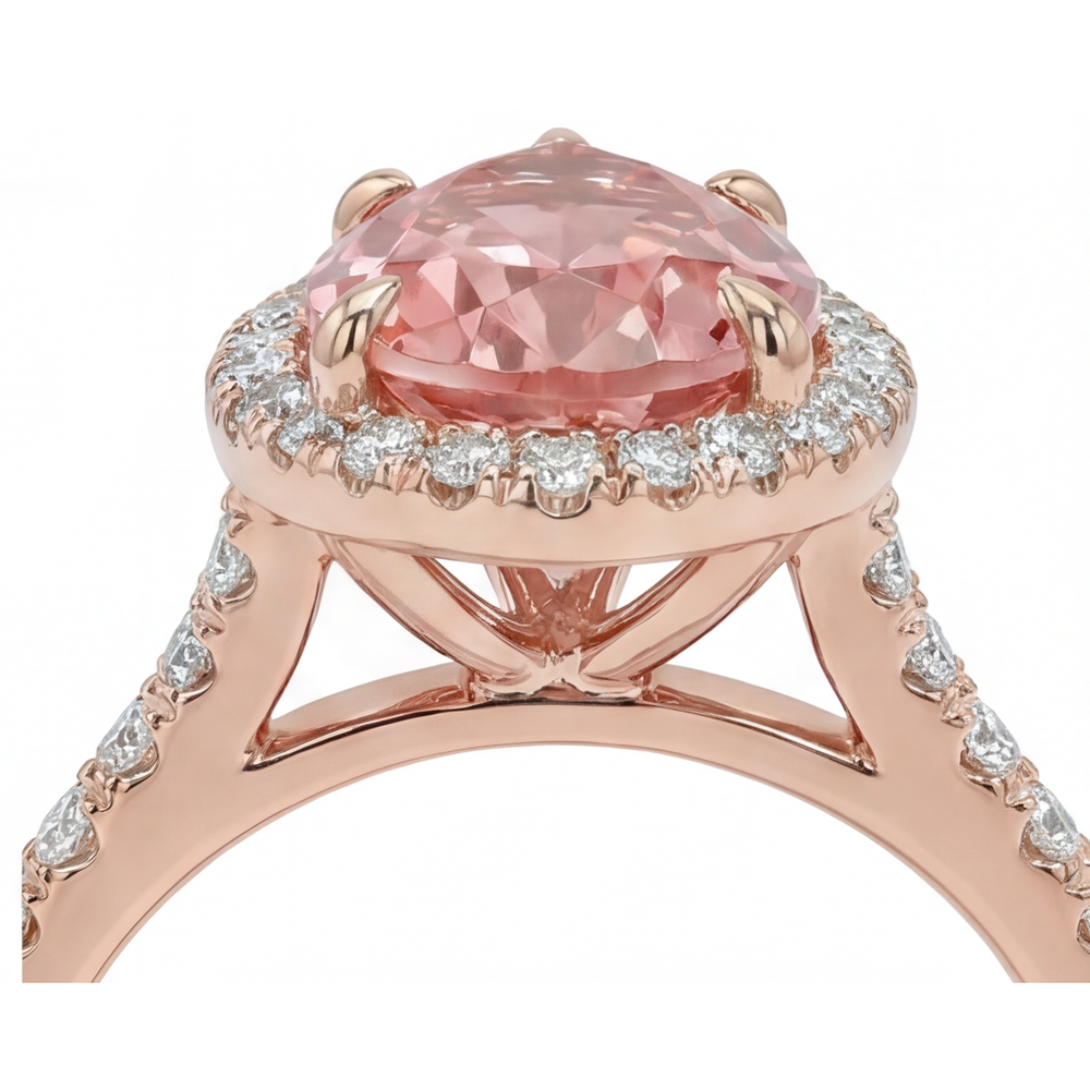 Pfirsich-Saphir-Ring 2,8 Karat Echter Padparadscha Tropfenschliff Halo Pavé 14 Karat Roségold