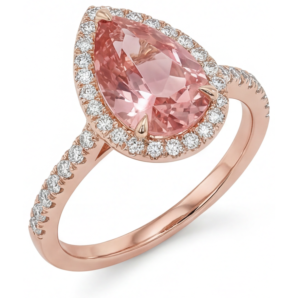 Verlobungsring mit pfirsichfarbenem Saphir, 2,8 Karat, echter Padparadscha im Tropfenschliff, Halo, Pavé, 14 Karat Roségold