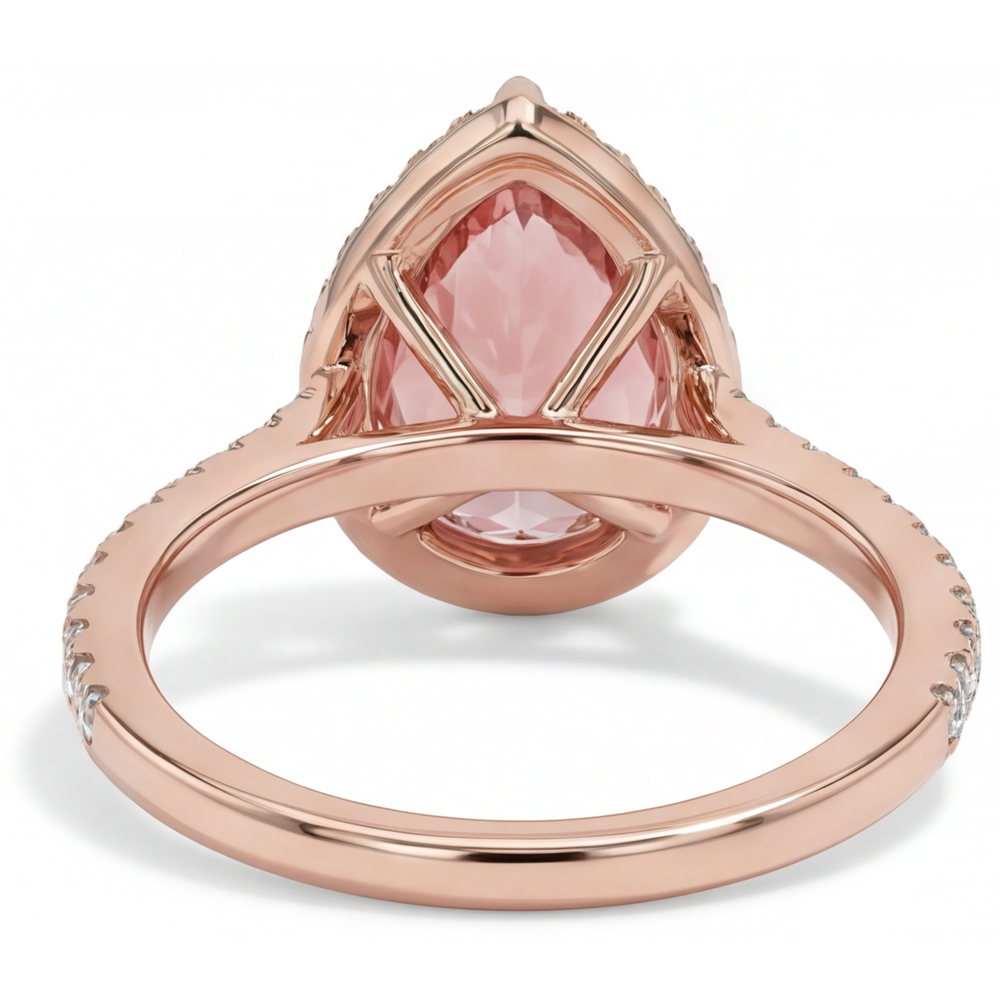Pfirsich-Saphir-Ring 2,8 Karat Echter Padparadscha Tropfenschliff Halo Pavé 14 Karat Roségold