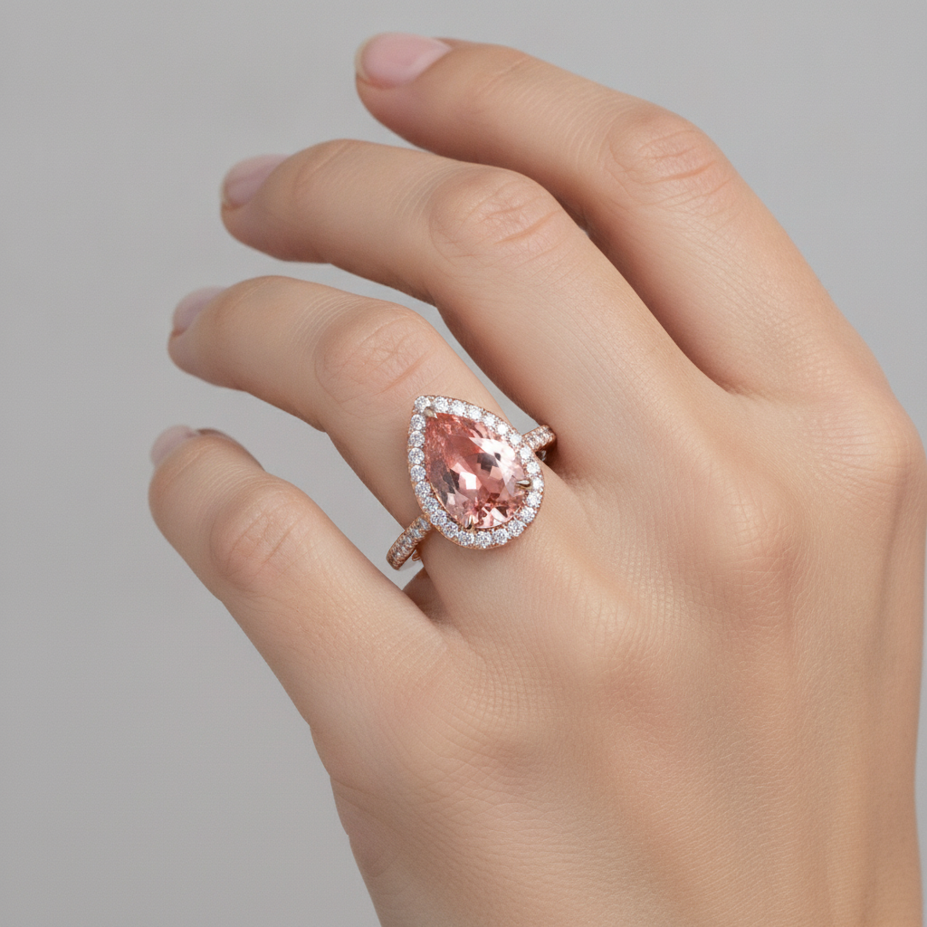 Pfirsich-Saphir-Ring 2,8 Karat Echter Padparadscha Tropfenschliff Halo Pavé 14 Karat Roségold