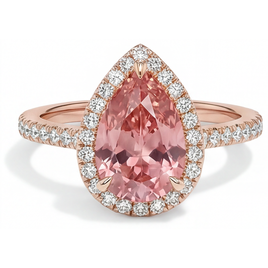 Halo-Pavé-Ring aus 14 Karat Roségold mit natürlichem Pfirsich-Padparadscha-Saphir im Tropfenschliff, 2,8 Karat