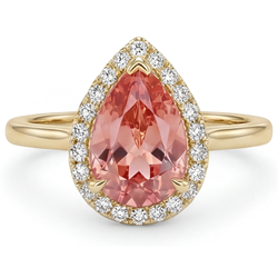 Rosa Padparadscha-Saphir-Ring, 2,8 Karat, natürlicher Tropfenschliff, Halo, schlicht, 14 Karat Gelbgold
