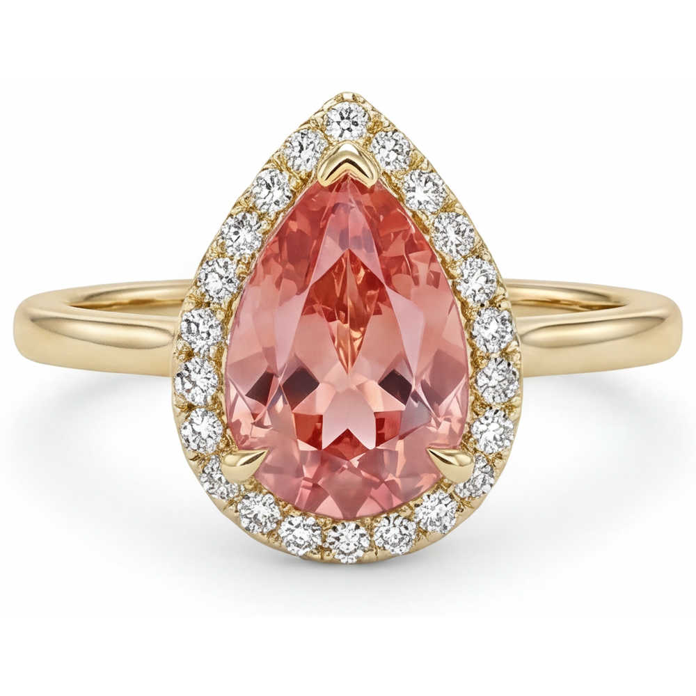 Rosa Padparadscha-Saphir-Ring, 2,8 Karat, natürlicher Tropfenschliff, Halo, schlicht, 14 Karat Gelbgold