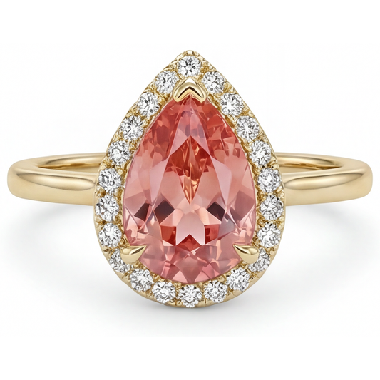 Rosa Padparadscha-Saphir-Ring, 2,8 Karat, natürlicher Tropfenschliff, Halo, schlicht, 14 Karat Gelbgold