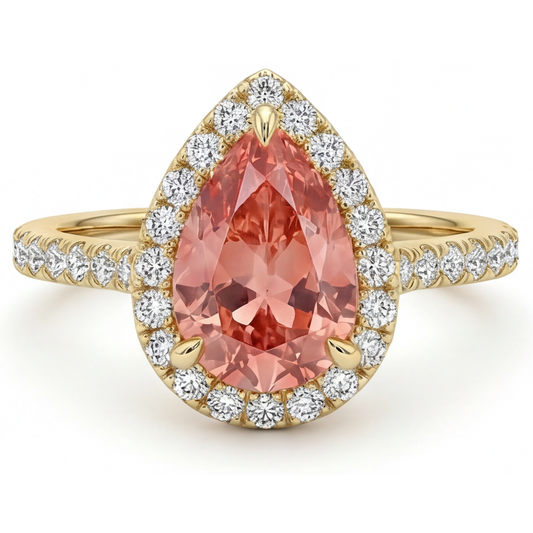 Padparadscha-Saphir-Ring 2,8 Karat Echter Tropfenschliff Halo 14 Karat Gelbgold