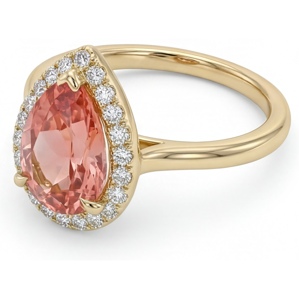Rosa Padparadscha-Saphir-Ring, 2,8 Karat, natürlicher Tropfenschliff, Halo, schlicht, 14 Karat Gelbgold