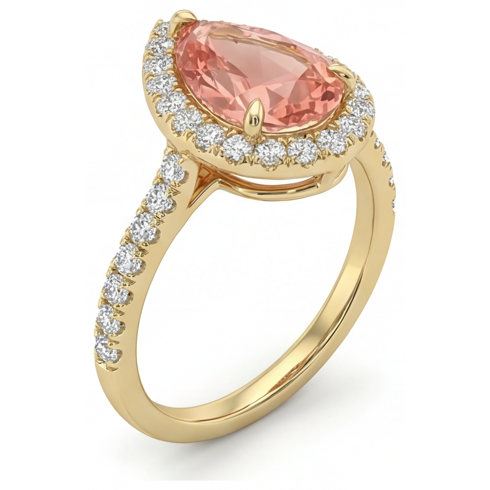 Padparadscha-Saphir-Ring 2,8 Karat Echter Tropfenschliff Halo 14 Karat Gelbgold