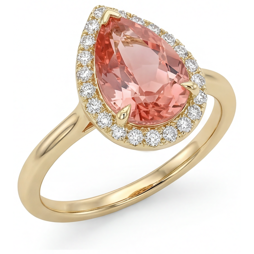 Rosa Padparadscha-Saphir-Ring, 2,8 Karat, natürlicher Tropfenschliff, Halo, schlicht, 14 Karat Gelbgold