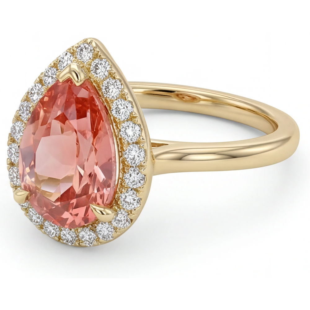 Rosa Padparadscha-Saphir-Ring, 2,8 Karat, natürlicher Tropfenschliff, Halo, schlicht, 14 Karat Gelbgold