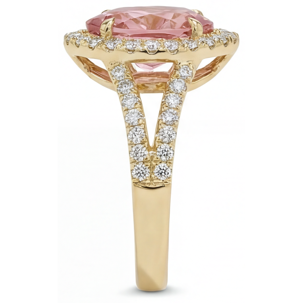 Echter Padparadscha-Pfirsich-Saphir 2,8 Karat im Tropfenschliff, Halo-Ring mit geteilter Ringschiene, 14 Karat Gelbgold