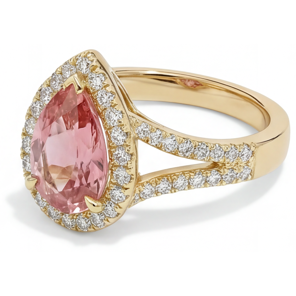 Echter Padparadscha-Pfirsich-Saphir 2,8 Karat im Tropfenschliff, Halo-Ring mit geteilter Ringschiene, 14 Karat Gelbgold