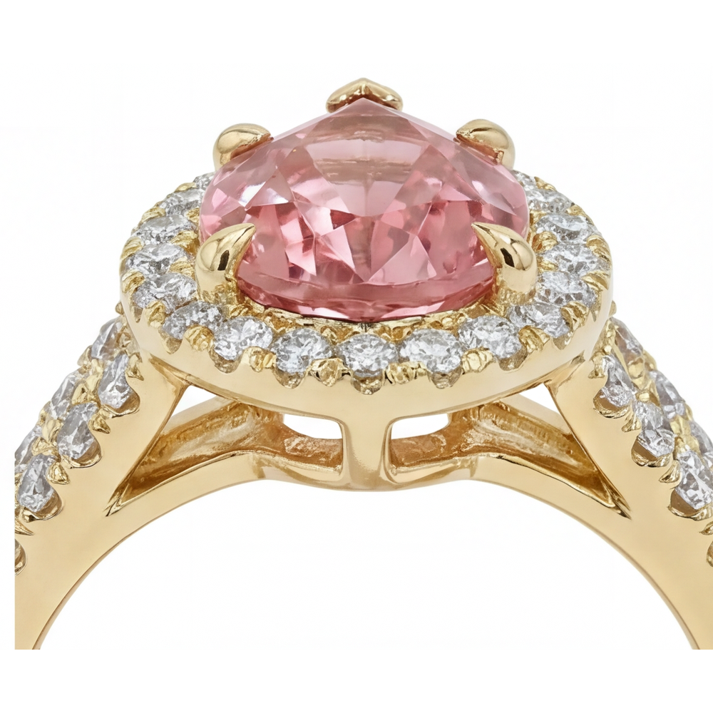 Echter Padparadscha-Pfirsich-Saphir 2,8 Karat im Tropfenschliff, Halo-Ring mit geteilter Ringschiene, 14 Karat Gelbgold
