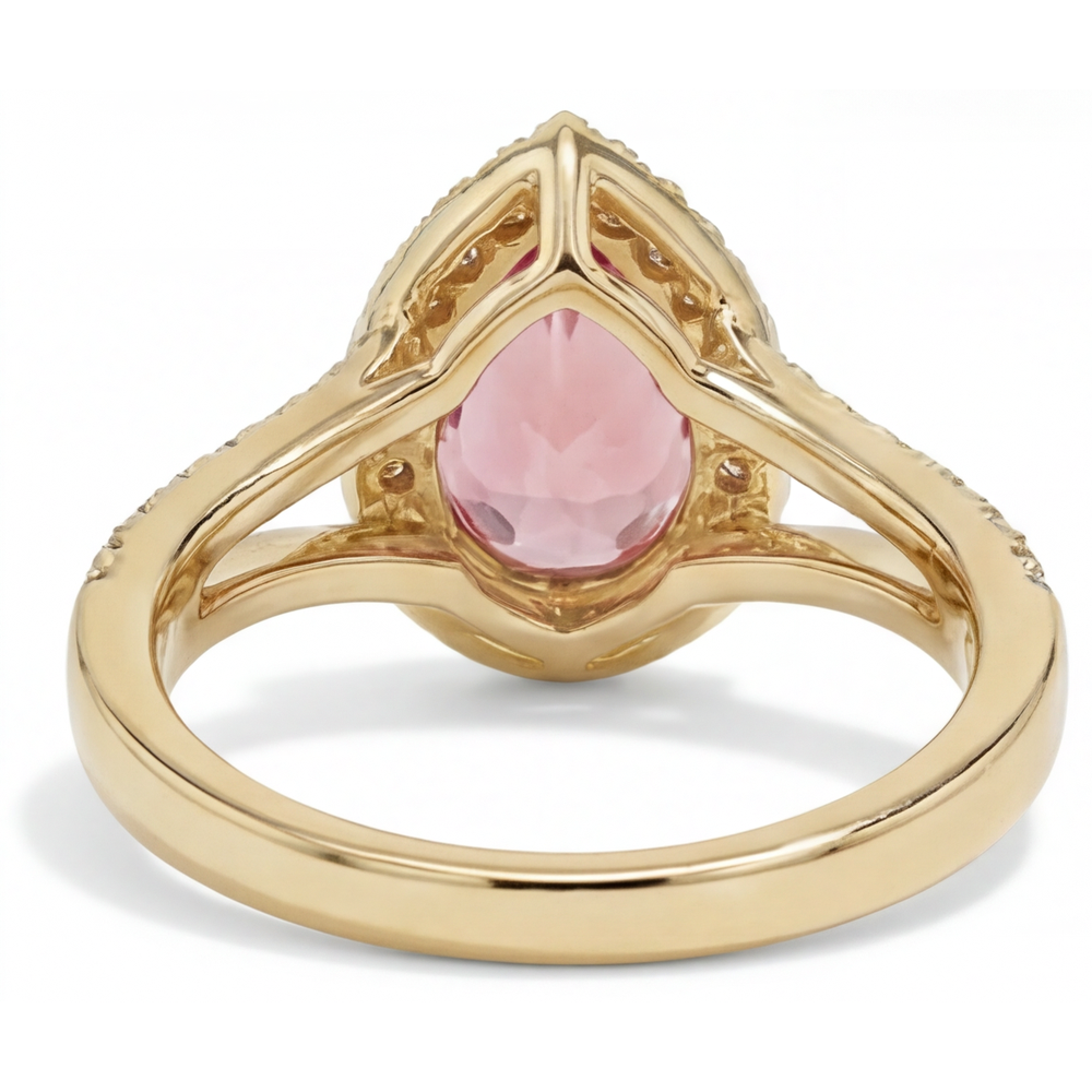 Echter Padparadscha-Pfirsich-Saphir 2,8 Karat im Tropfenschliff, Halo-Ring mit geteilter Ringschiene, 14 Karat Gelbgold