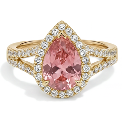 Echter Padparadscha-Pfirsich-Saphir 2,8 Karat im Tropfenschliff, Halo-Ring mit geteilter Ringschiene, 14 Karat Gelbgold