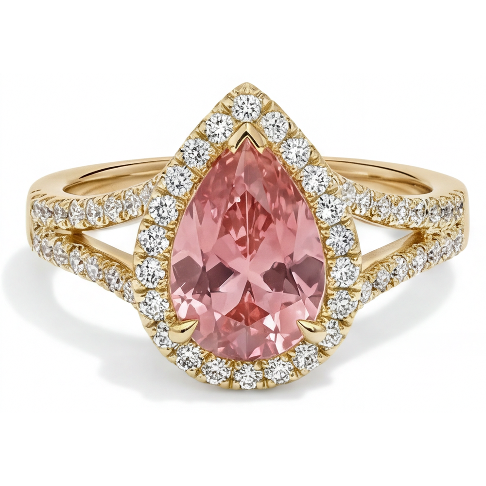 Echter Padparadscha-Pfirsich-Saphir 2,8 Karat im Tropfenschliff, Halo-Ring mit geteilter Ringschiene, 14 Karat Gelbgold