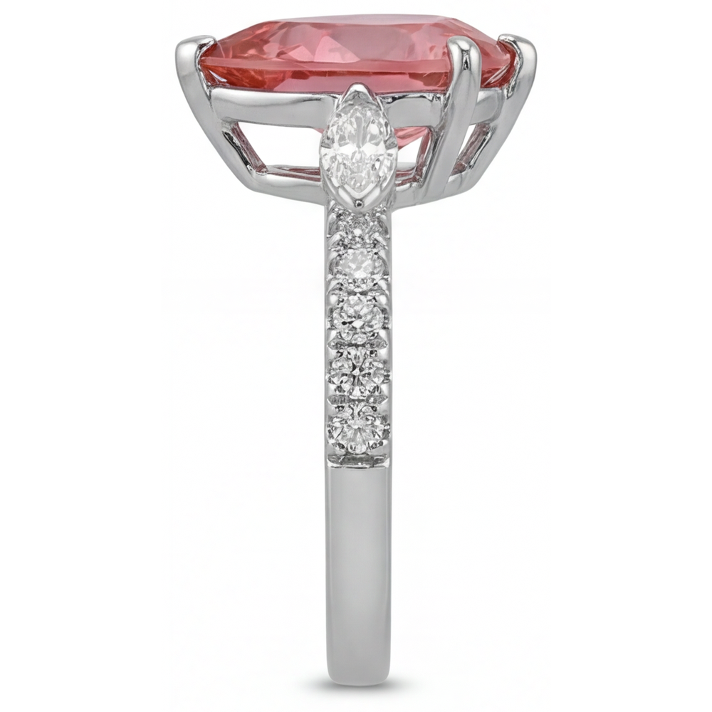 Dreistein-Ring aus 14 Karat Weißgold mit echtem pfirsichfarbenem Padparadscha-Saphir im Tropfenschliff, 2,9 Karat