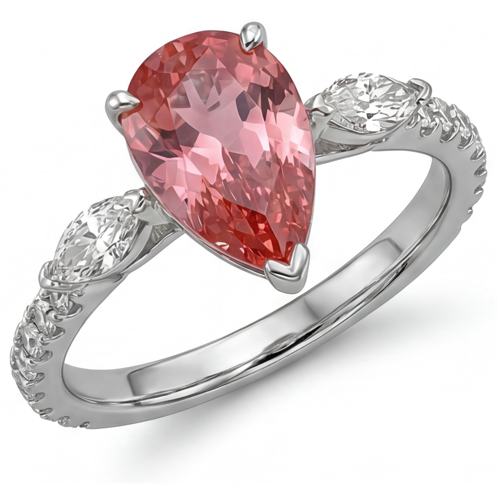 Dreistein-Ring aus 14 Karat Weißgold mit echtem pfirsichfarbenem Padparadscha-Saphir im Tropfenschliff, 2,9 Karat