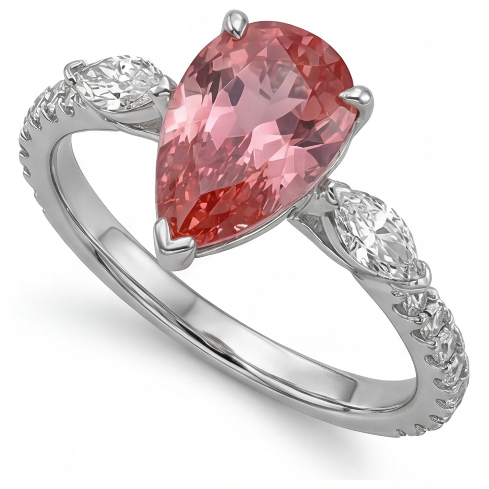 Dreistein-Ring aus 14 Karat Weißgold mit echtem pfirsichfarbenem Padparadscha-Saphir im Tropfenschliff, 2,9 Karat