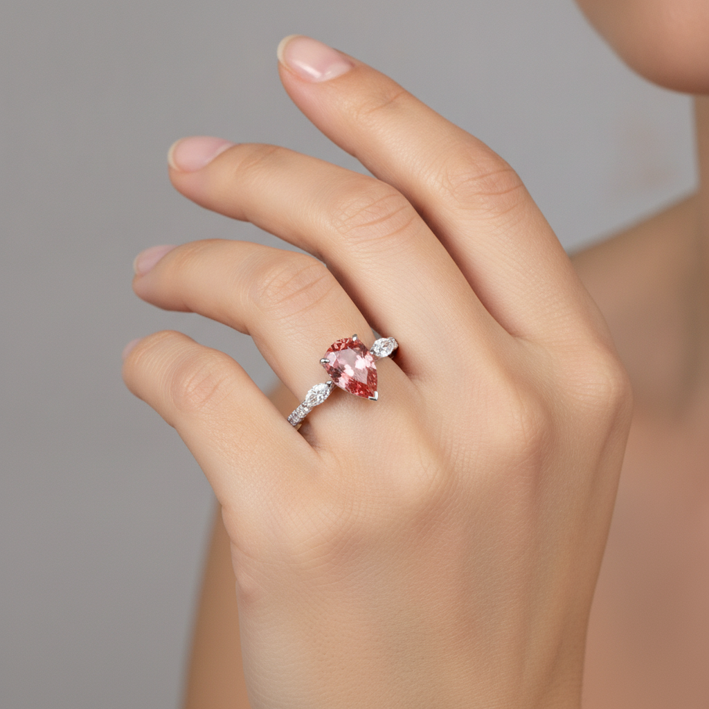 Dreistein-Ring aus 14 Karat Weißgold mit echtem pfirsichfarbenem Padparadscha-Saphir im Tropfenschliff, 2,9 Karat