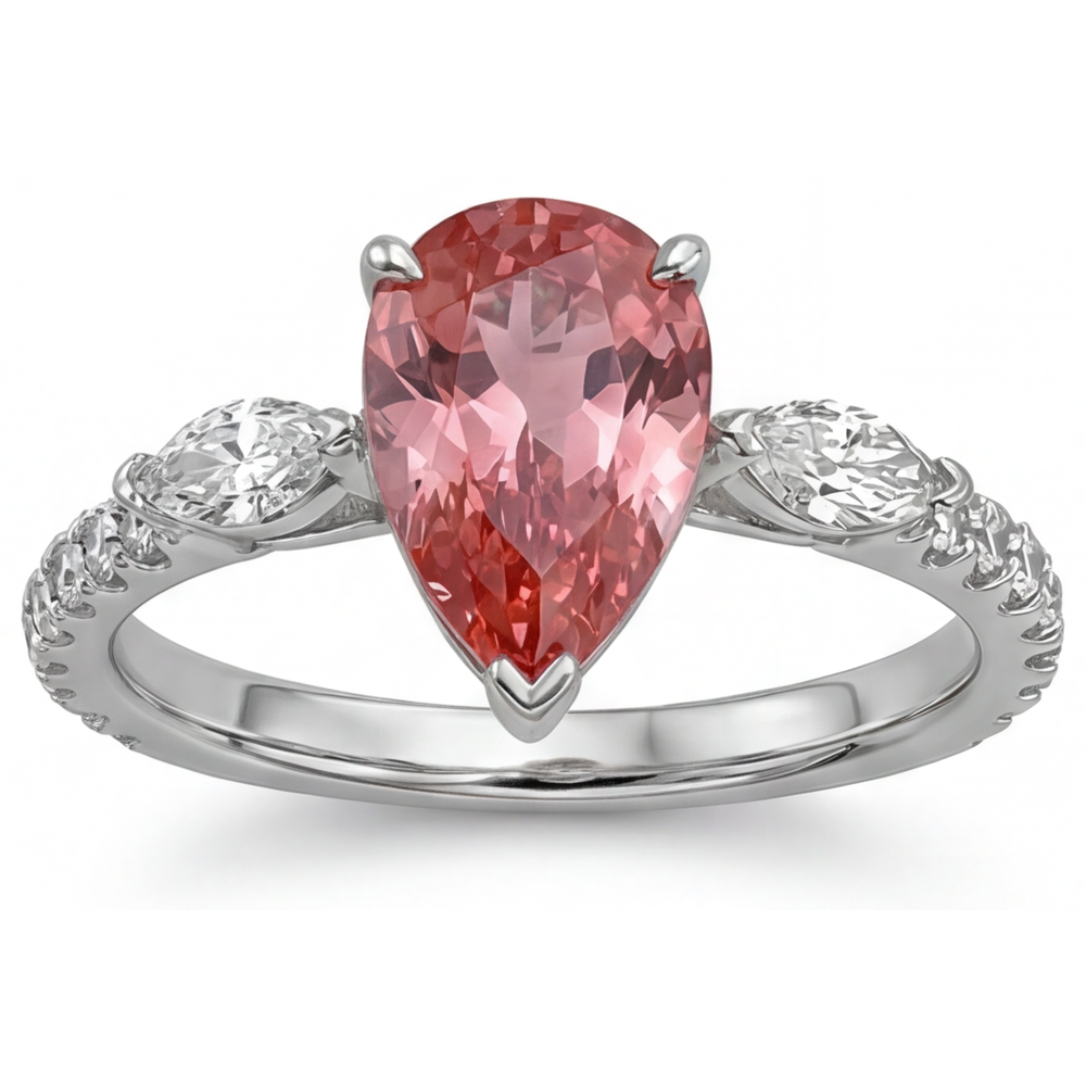 Dreistein-Ring aus 14 Karat Weißgold mit echtem pfirsichfarbenem Padparadscha-Saphir im Tropfenschliff, 2,9 Karat