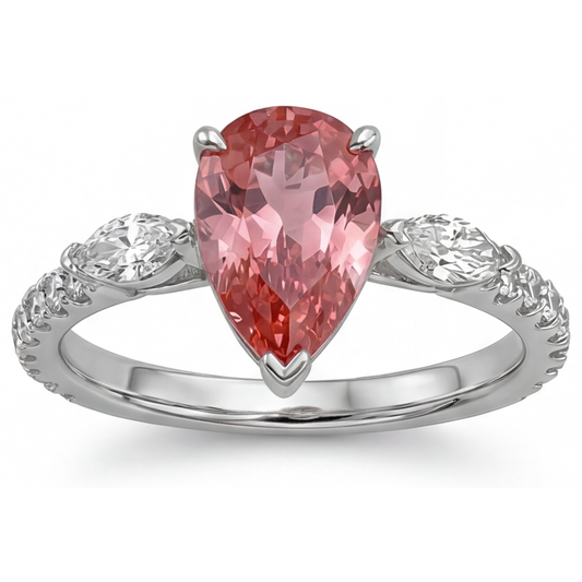 Dreistein-Ring aus 14 Karat Weißgold mit echtem pfirsichfarbenem Padparadscha-Saphir im Tropfenschliff, 2,9 Karat