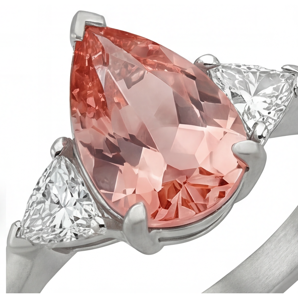 Padparadscha-Saphir Verlobungsring 2,9 Karat, echter Tropfenschliff und weisse Trillanten, Drei-Stein-Ring, 14 Karat Gold