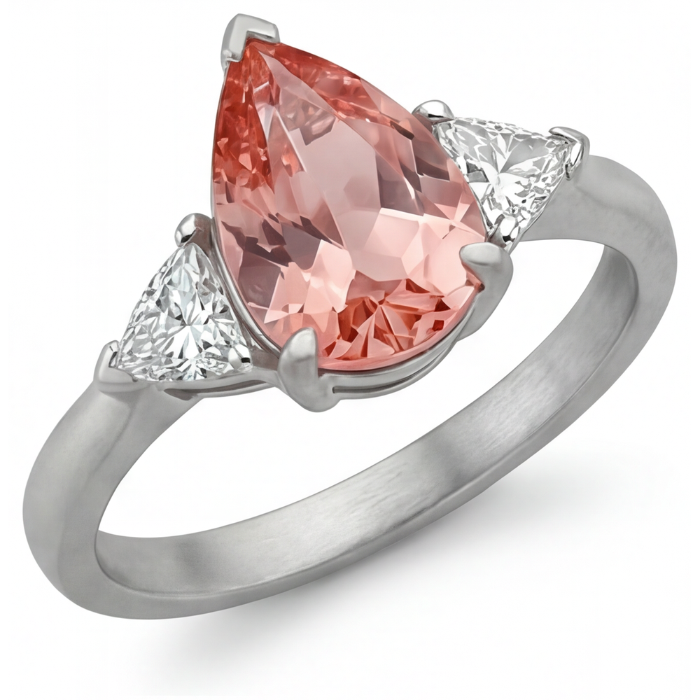 Padparadscha-Saphir Verlobungsring 2,9 Karat, echter Tropfenschliff und weisse Trillanten, Drei-Stein-Ring, 14 Karat Gold