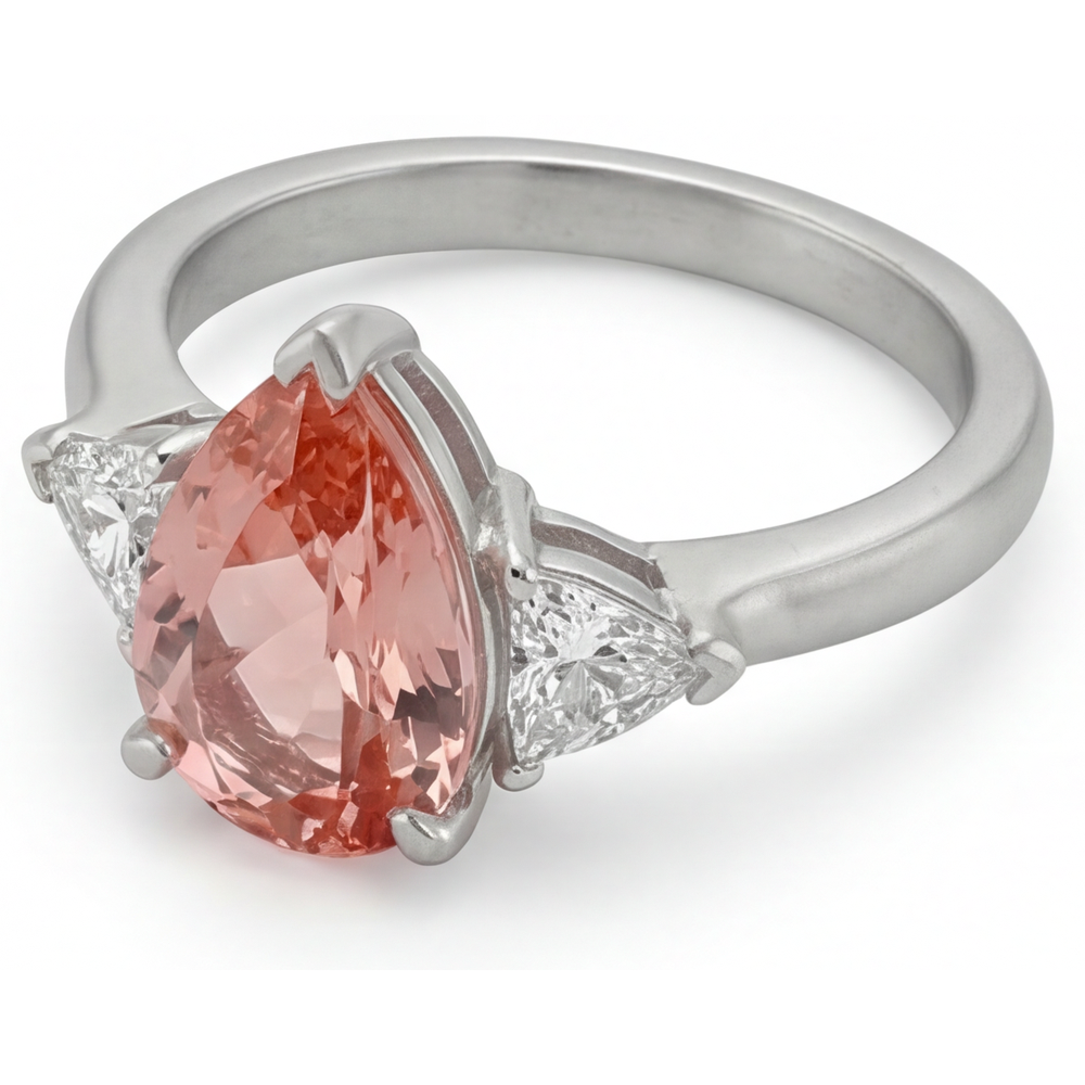 Padparadscha-Saphir Verlobungsring 2,9 Karat, echter Tropfenschliff und weisse Trillanten, Drei-Stein-Ring, 14 Karat Gold