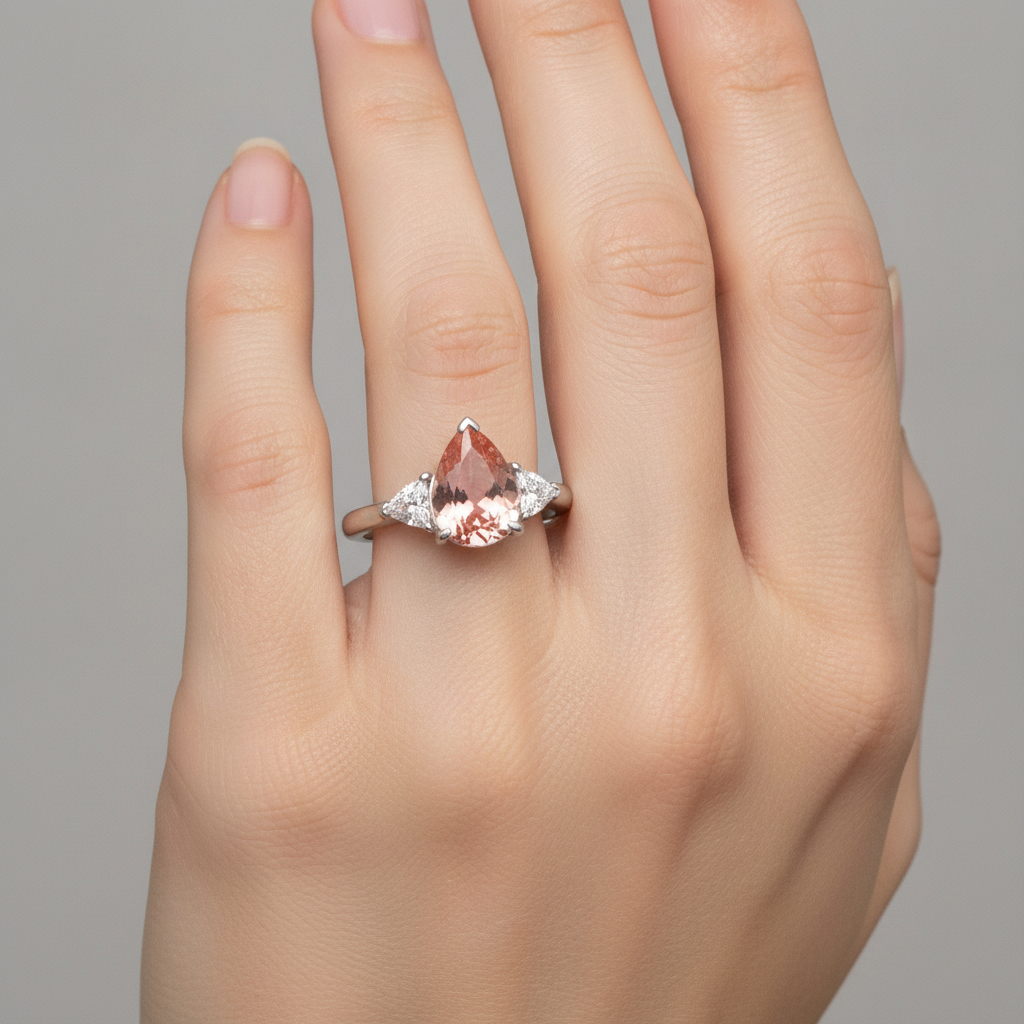 Padparadscha-Saphir Verlobungsring 2,9 Karat, echter Tropfenschliff und weisse Trillanten, Drei-Stein-Ring, 14 Karat Gold