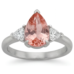 Padparadscha-Saphir Verlobungsring 2,9 Karat, echter Tropfenschliff und weisse Trillanten, Drei-Stein-Ring, 14 Karat Gold