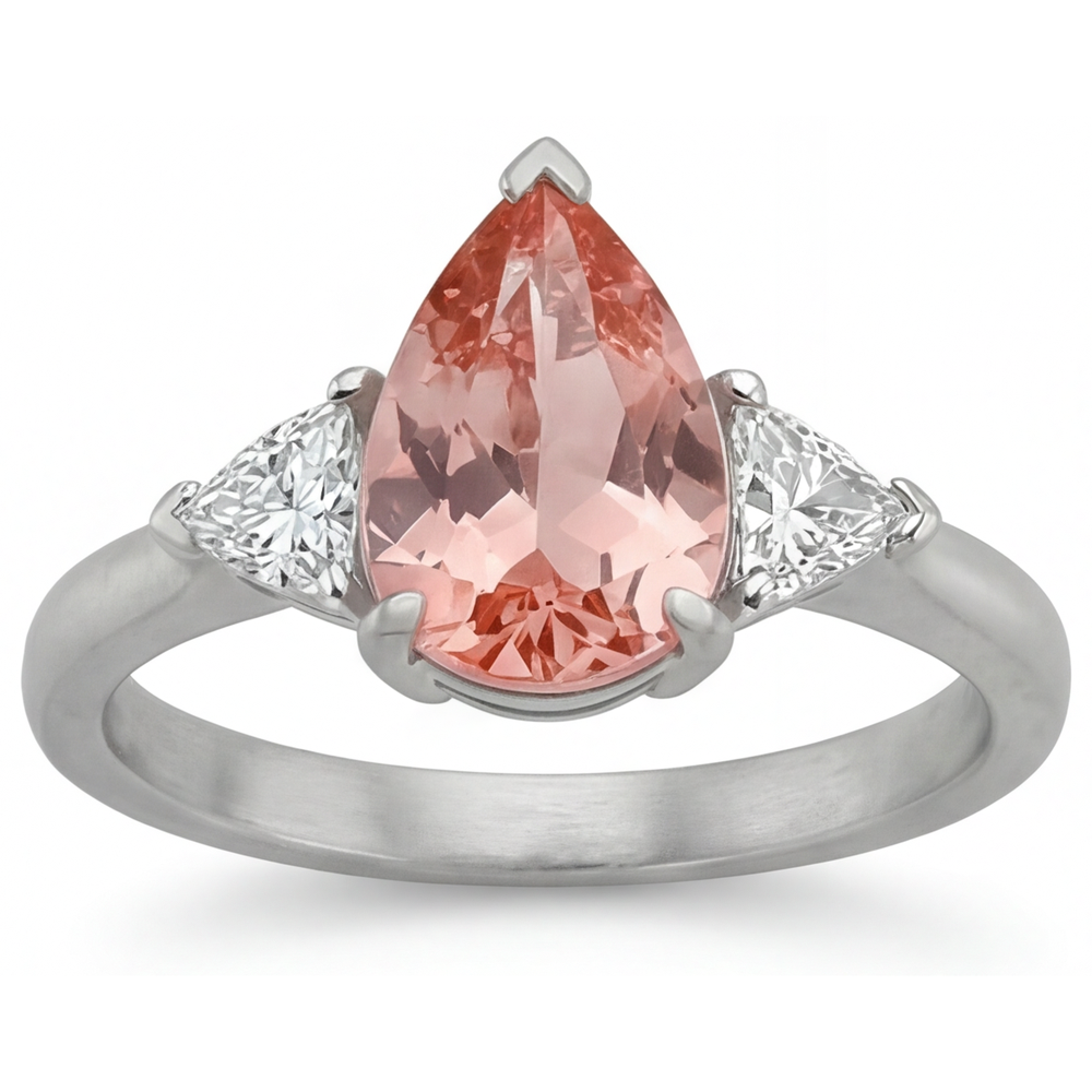Padparadscha-Saphir Verlobungsring 2,9 Karat, echter Tropfenschliff und weisse Trillanten, Drei-Stein-Ring, 14 Karat Gold