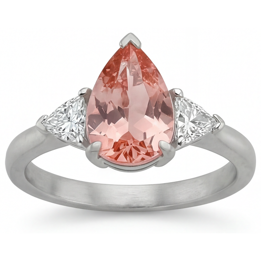 Padparadscha-Saphir Verlobungsring 2,9 Karat, echter Tropfenschliff und weisse Trillanten, Drei-Stein-Ring, 14 Karat Gold