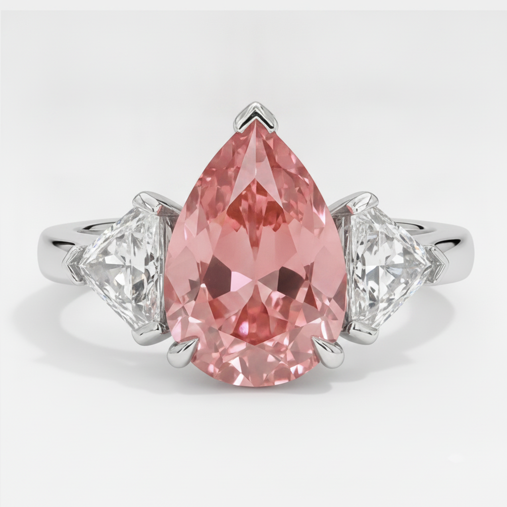 Padparadscha-Saphir-Dreisteinring aus Platin, 3,6 Karat, echter Tropfenschliff und weisse Trillanten